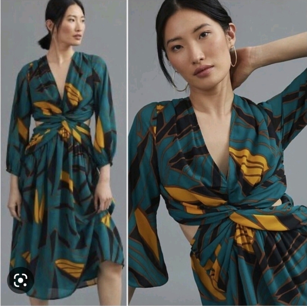 ❤️ RANNA GILL ANTHROPOLOGIE SIDE CUT-OUT ABSTRACT FLORAL MIDI DRESS, MEDIUM - Picture 1 of 13